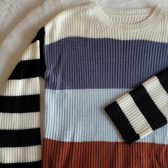 Thick Stripe Colorblock Knit Pullover Crewneck Contrast Sweater Medium - Picture 10 of 10